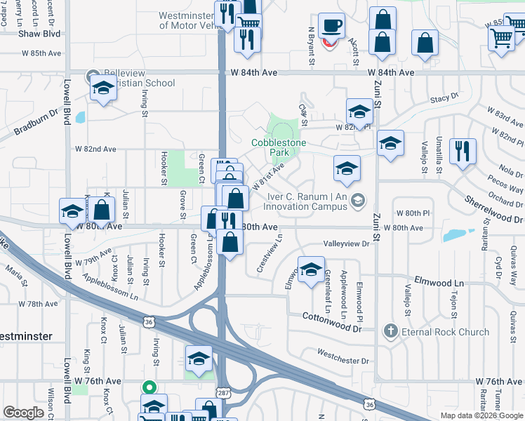 map of restaurants, bars, coffee shops, grocery stores, and more near 8069 Decatur Court in Westminster