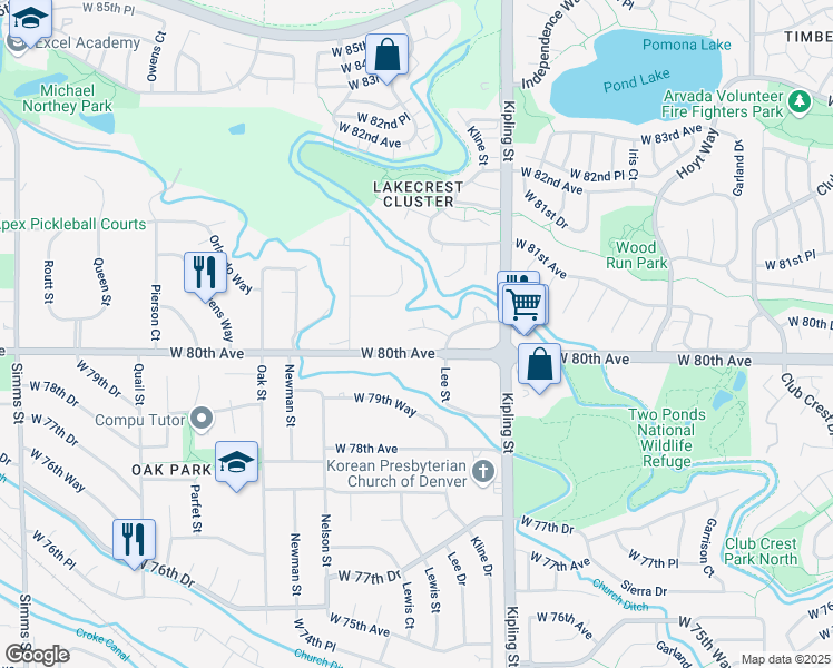 map of restaurants, bars, coffee shops, grocery stores, and more near 10333 West 80th Drive in Arvada