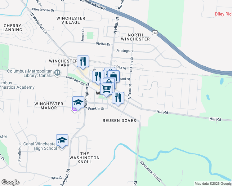 map of restaurants, bars, coffee shops, grocery stores, and more near 28 East Waterloo Street in Canal Winchester