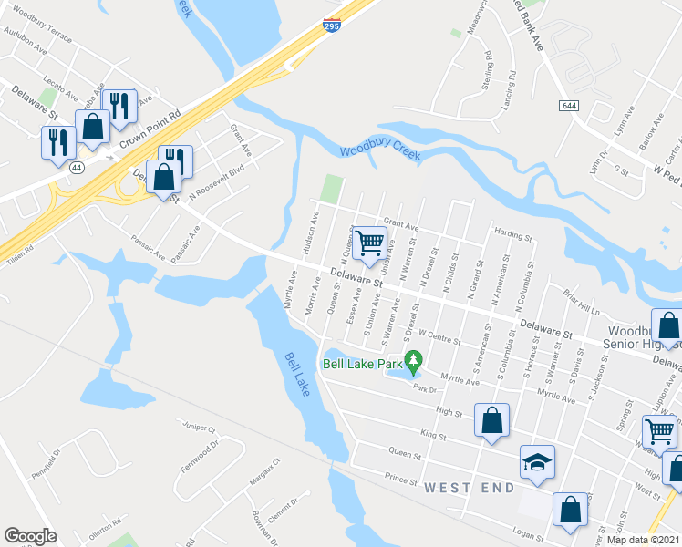 map of restaurants, bars, coffee shops, grocery stores, and more near Delaware Street & Queen Street in West Deptford