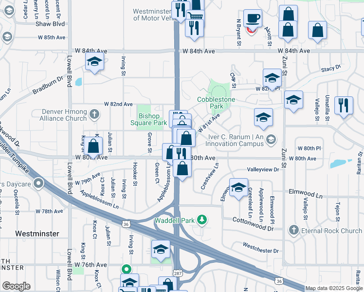 map of restaurants, bars, coffee shops, grocery stores, and more near 8040 Federal Boulevard in Westminster