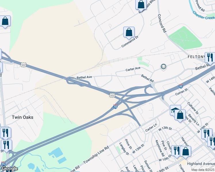 map of restaurants, bars, coffee shops, grocery stores, and more near 1028 Excelsior Drive in Aston