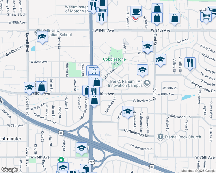 map of restaurants, bars, coffee shops, grocery stores, and more near 8069 Decatur Court in Westminster