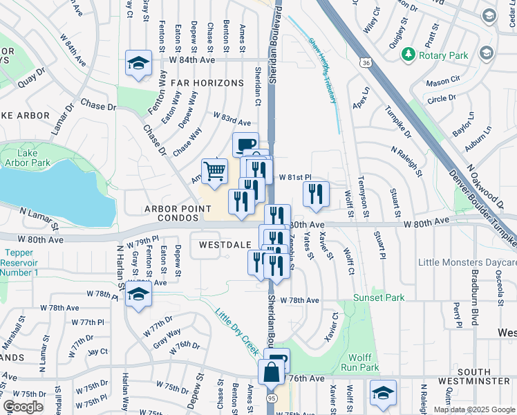 map of restaurants, bars, coffee shops, grocery stores, and more near 8025 Sheridan Boulevard in Westminster