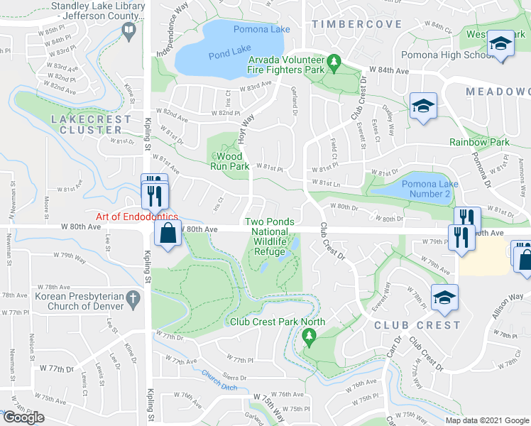 map of restaurants, bars, coffee shops, grocery stores, and more near 8095 Holland Court in Arvada