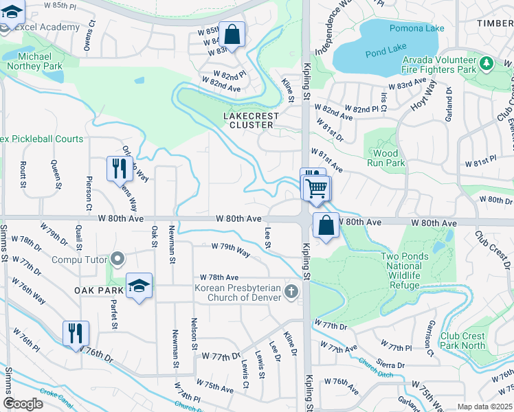 map of restaurants, bars, coffee shops, grocery stores, and more near 10253 West 80th Drive in Arvada