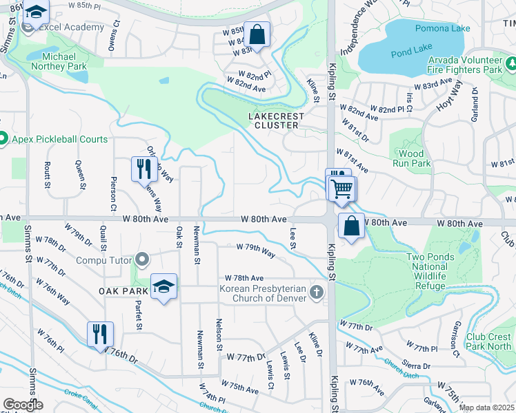 map of restaurants, bars, coffee shops, grocery stores, and more near 10333 West 80th Drive in Arvada