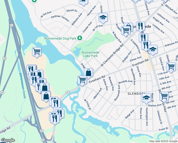 map of restaurants, bars, coffee shops, grocery stores, and more near 42 Singley Avenue in Runnemede