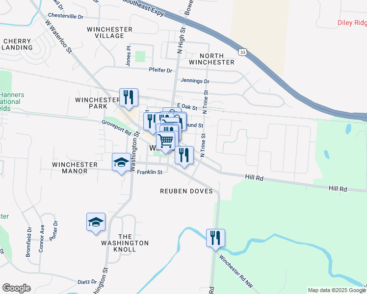 map of restaurants, bars, coffee shops, grocery stores, and more near 28 East Waterloo Street in Canal Winchester