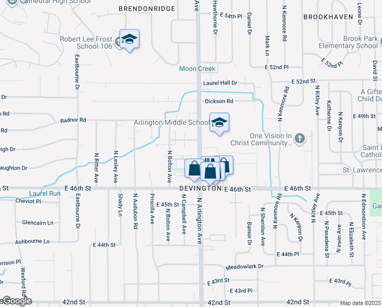 map of restaurants, bars, coffee shops, grocery stores, and more near 5957 Devington Road in Indianapolis