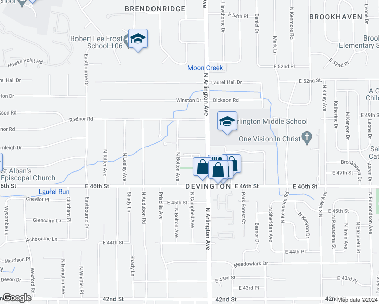 map of restaurants, bars, coffee shops, grocery stores, and more near 5909 Devington Road in Indianapolis