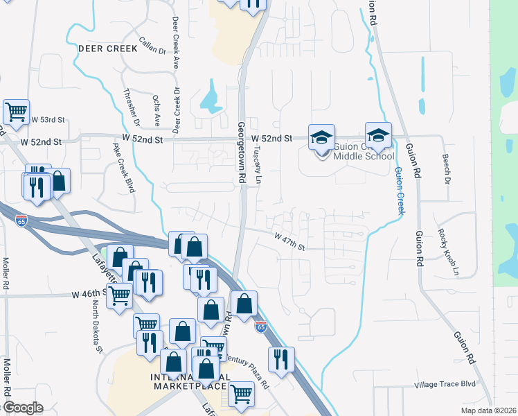 map of restaurants, bars, coffee shops, grocery stores, and more near 4932 Tuscany Lane in Indianapolis