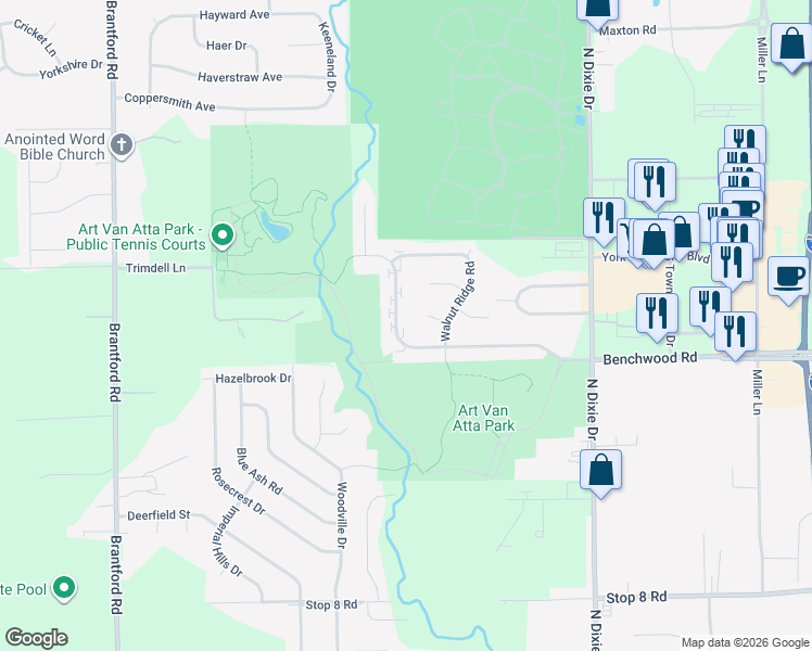 map of restaurants, bars, coffee shops, grocery stores, and more near 3043 Benchwood Road in Dayton
