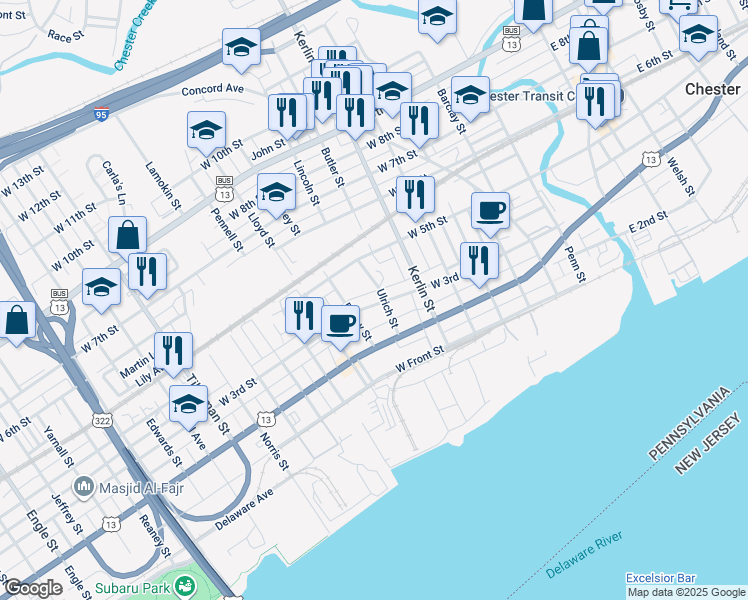 map of restaurants, bars, coffee shops, grocery stores, and more near 808 West 3rd Street in Chester