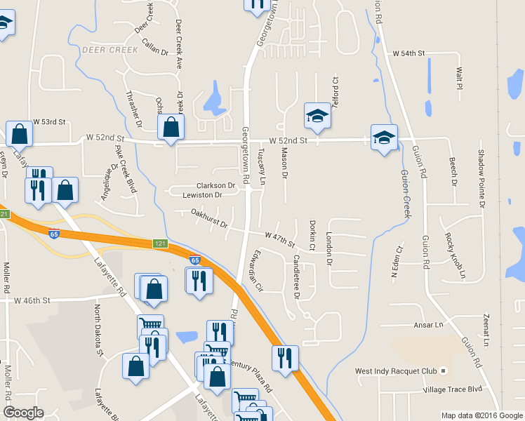 map of restaurants, bars, coffee shops, grocery stores, and more near 4932 Tuscany Lane in Indianapolis