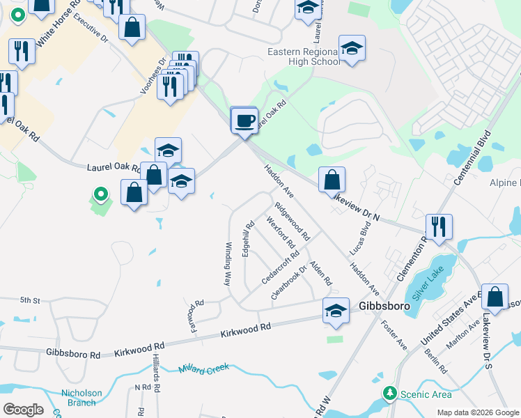map of restaurants, bars, coffee shops, grocery stores, and more near 5 Winding Way in Gibbsboro