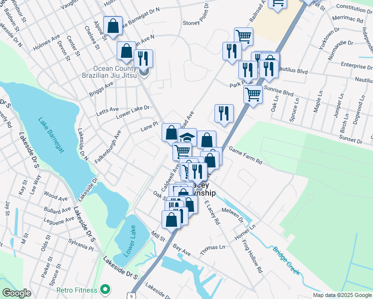 map of restaurants, bars, coffee shops, grocery stores, and more near 110 Lacey Road in Lacey Township