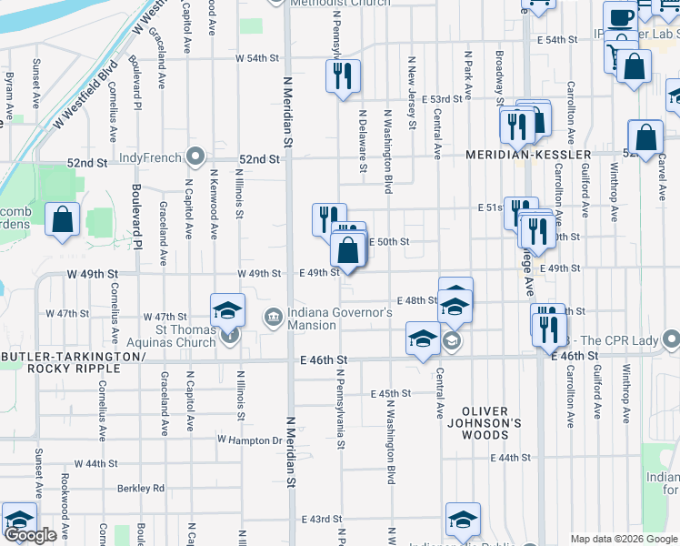 map of restaurants, bars, coffee shops, grocery stores, and more near N Pennsylvania St & E 49th St in Indianapolis
