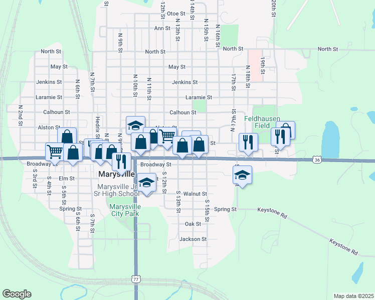 map of restaurants, bars, coffee shops, grocery stores, and more near 207 North 14th Street in Marysville
