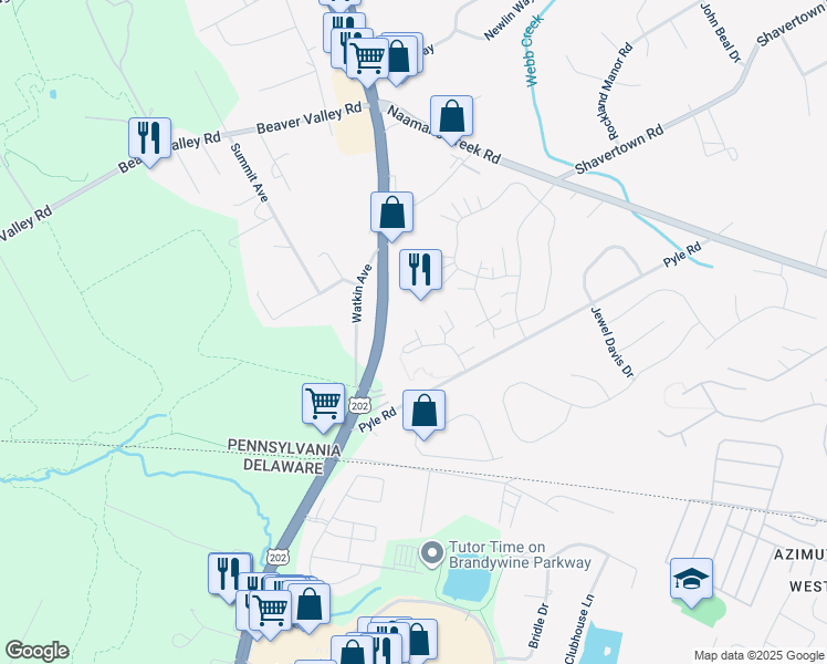 map of restaurants, bars, coffee shops, grocery stores, and more near 35 Sharpley Drive in Chadds Ford