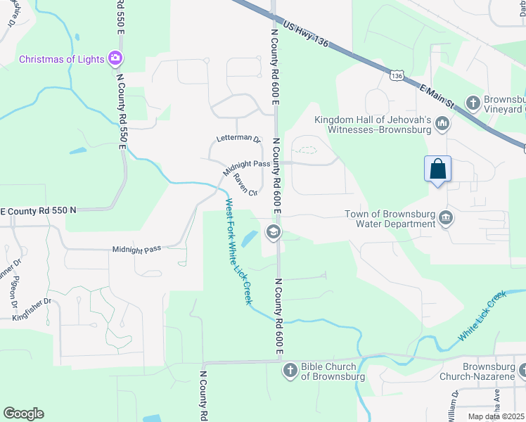 map of restaurants, bars, coffee shops, grocery stores, and more near 5470 North County Road 600 East in Brownsburg