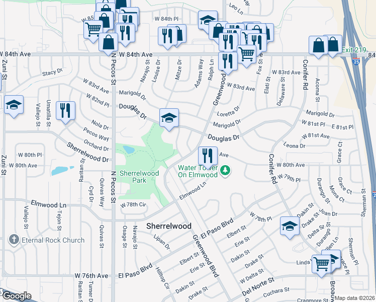 map of restaurants, bars, coffee shops, grocery stores, and more near 8061 Greenwood Court in Denver