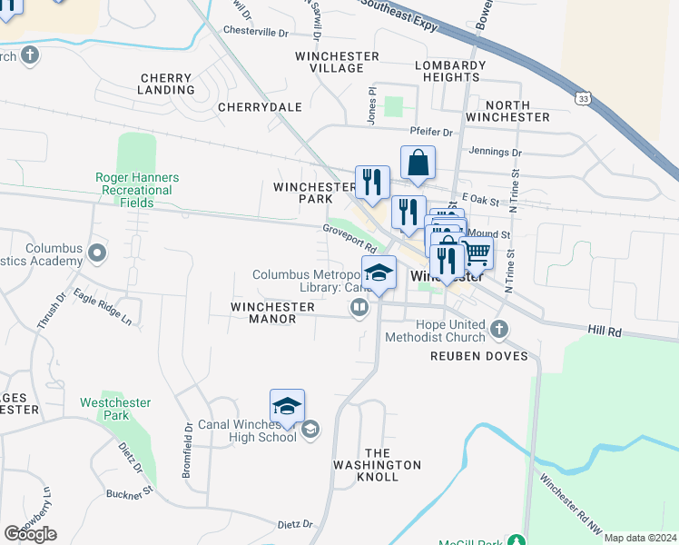 map of restaurants, bars, coffee shops, grocery stores, and more near 185 Groveport Pike in Canal Winchester