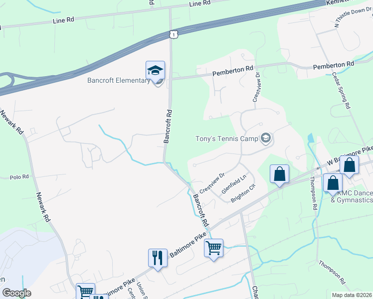 map of restaurants, bars, coffee shops, grocery stores, and more near 156 Bancroft Road in Kennett Square