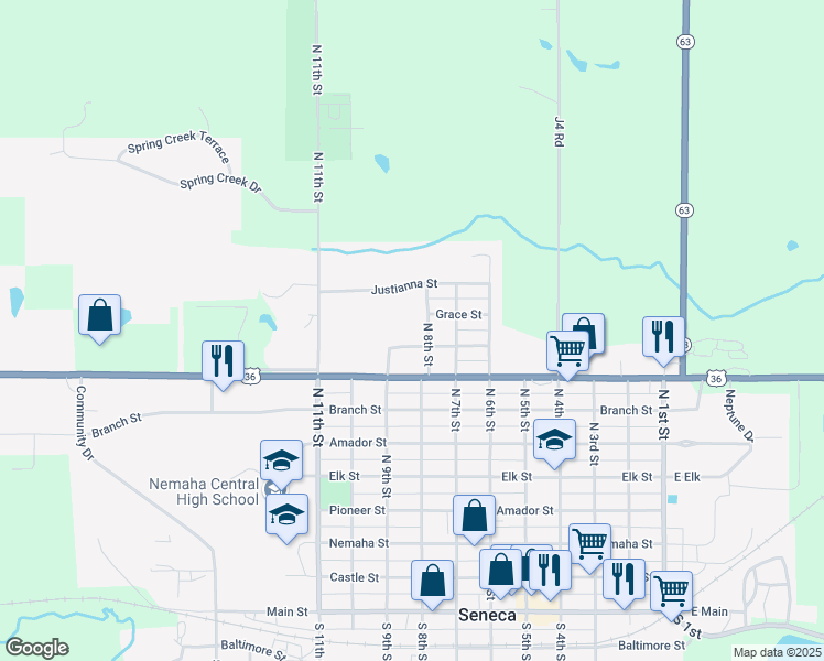 map of restaurants, bars, coffee shops, grocery stores, and more near 808 North 8th Street in Seneca