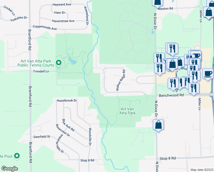 map of restaurants, bars, coffee shops, grocery stores, and more near 3039 Benchwood Road in Dayton