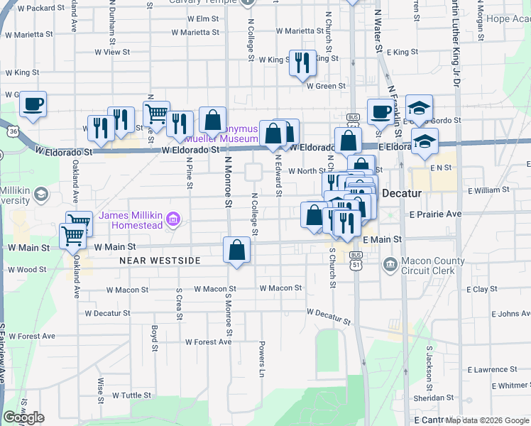 map of restaurants, bars, coffee shops, grocery stores, and more near 240 North College Street in Decatur