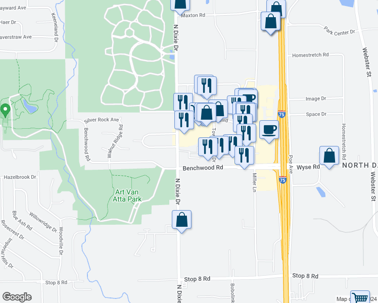 map of restaurants, bars, coffee shops, grocery stores, and more near Spanish Villa Drive in Dayton