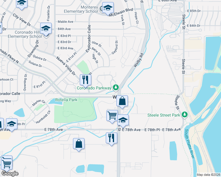 map of restaurants, bars, coffee shops, grocery stores, and more near 2111 Coronado Parkway North in Denver