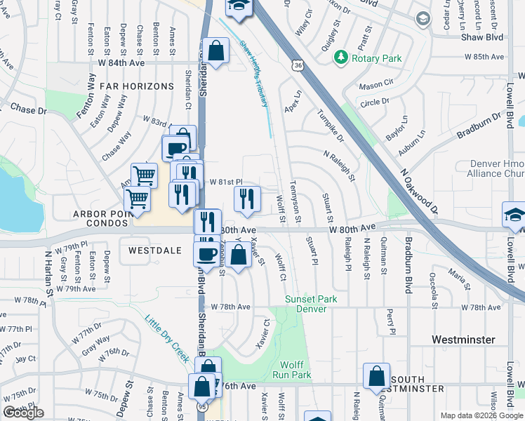 map of restaurants, bars, coffee shops, grocery stores, and more near 8075 Wolff Street in Westminster