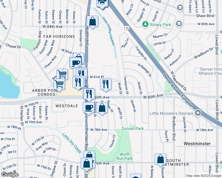 map of restaurants, bars, coffee shops, grocery stores, and more near 8075 Wolff Street in Westminster