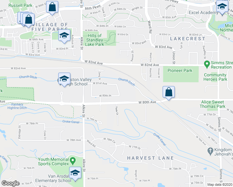 map of restaurants, bars, coffee shops, grocery stores, and more near 8010 Youngfield Street in Arvada