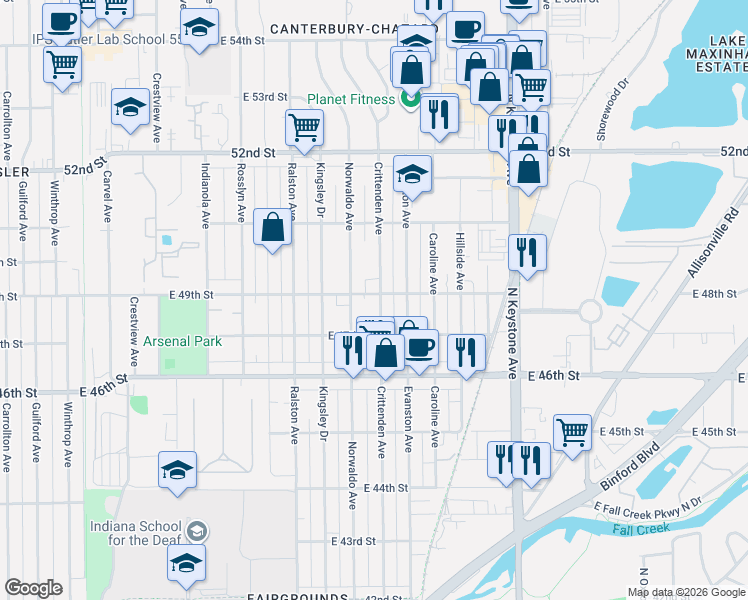 map of restaurants, bars, coffee shops, grocery stores, and more near 4901 Norwaldo Avenue in Indianapolis