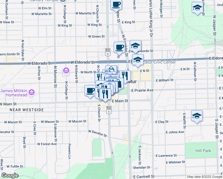 map of restaurants, bars, coffee shops, grocery stores, and more near 231 North Main Street in Decatur