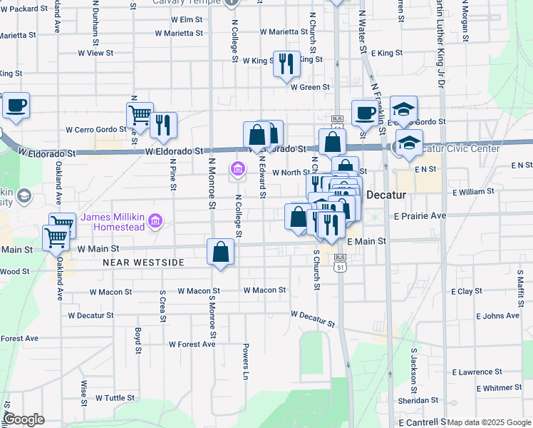 map of restaurants, bars, coffee shops, grocery stores, and more near 240 North Edward Street in Decatur