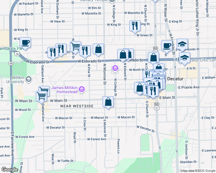 map of restaurants, bars, coffee shops, grocery stores, and more near 250-298 North Monroe Street in Decatur