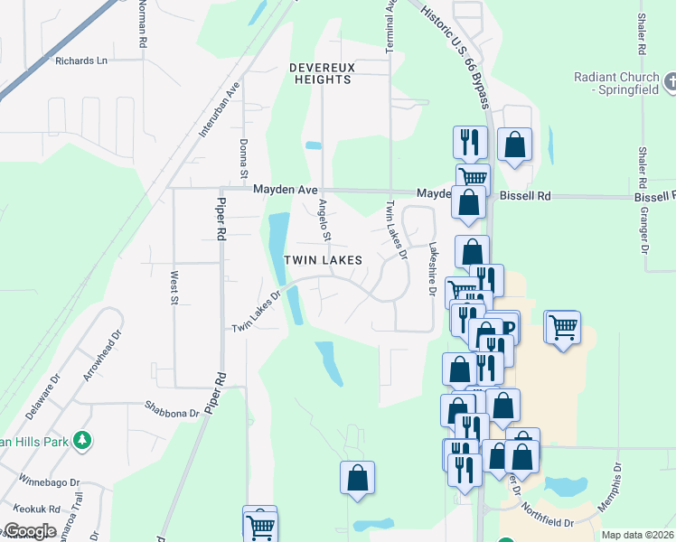 map of restaurants, bars, coffee shops, grocery stores, and more near 3108 Angelo Street in Springfield