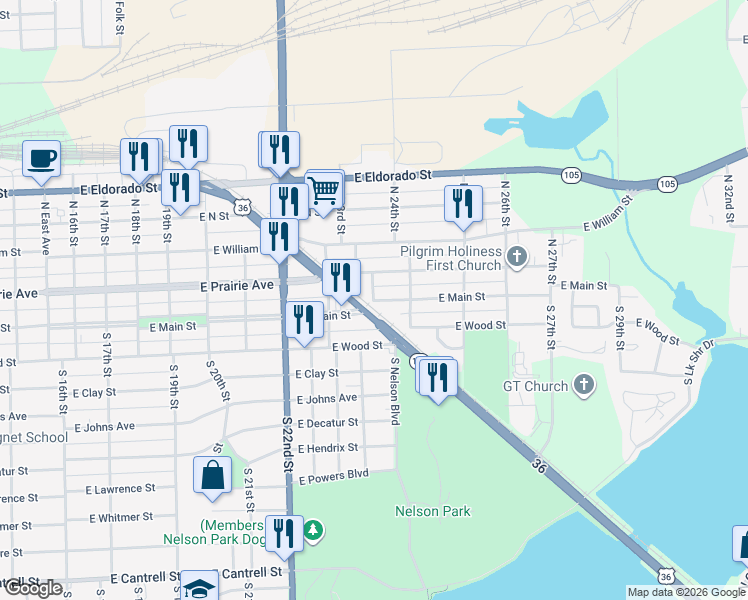 map of restaurants, bars, coffee shops, grocery stores, and more near 2346 East Main Street in Decatur