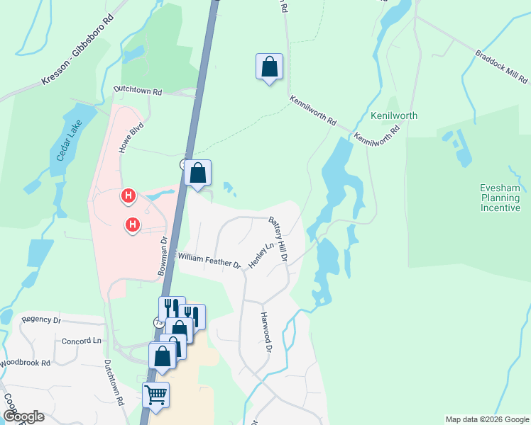 map of restaurants, bars, coffee shops, grocery stores, and more near 32 Battery Hill Drive in Voorhees Township