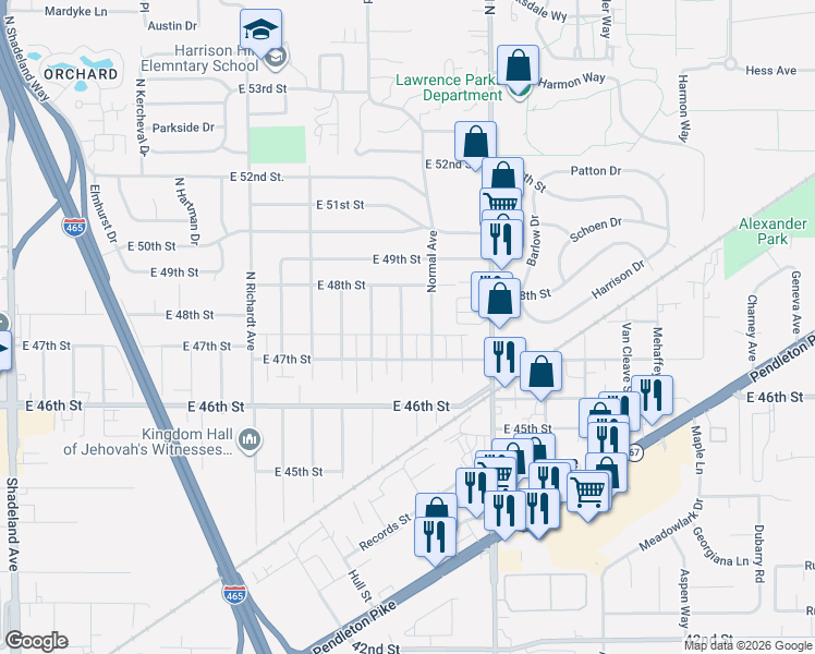 map of restaurants, bars, coffee shops, grocery stores, and more near 4740 Wellington Avenue in Lawrence