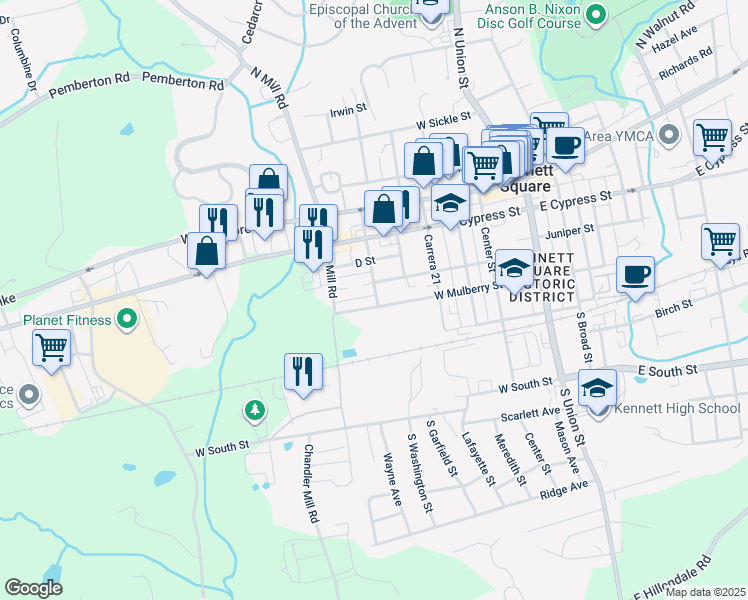 map of restaurants, bars, coffee shops, grocery stores, and more near 601 West Mulberry Street in Kennett Square
