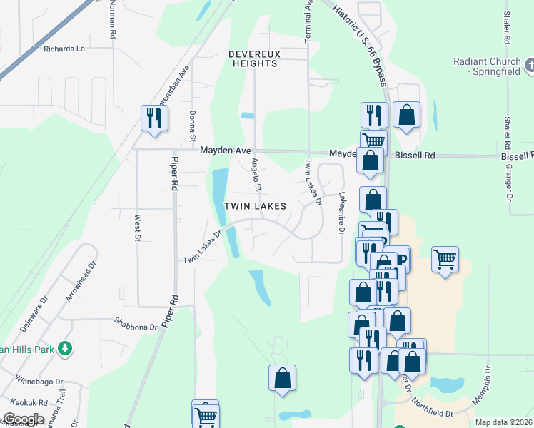 map of restaurants, bars, coffee shops, grocery stores, and more near 3108 Angelo Street in Springfield