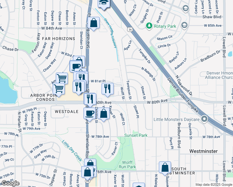 map of restaurants, bars, coffee shops, grocery stores, and more near 8031 Wolff Street in Westminster