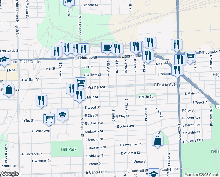 map of restaurants, bars, coffee shops, grocery stores, and more near 1503 East Prairie Street in Decatur