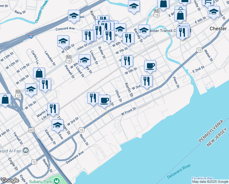 map of restaurants, bars, coffee shops, grocery stores, and more near 808 West 3rd Street in Chester