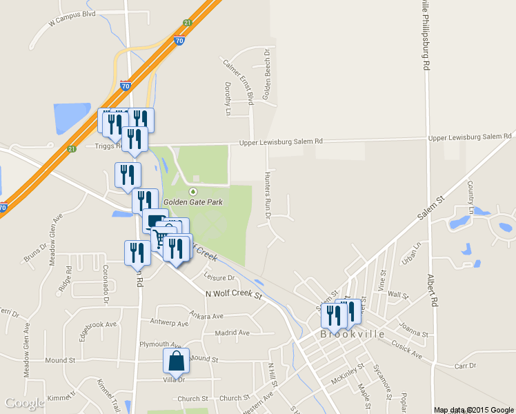 map of restaurants, bars, coffee shops, grocery stores, and more near 885 Hunters Run Drive in Brookville